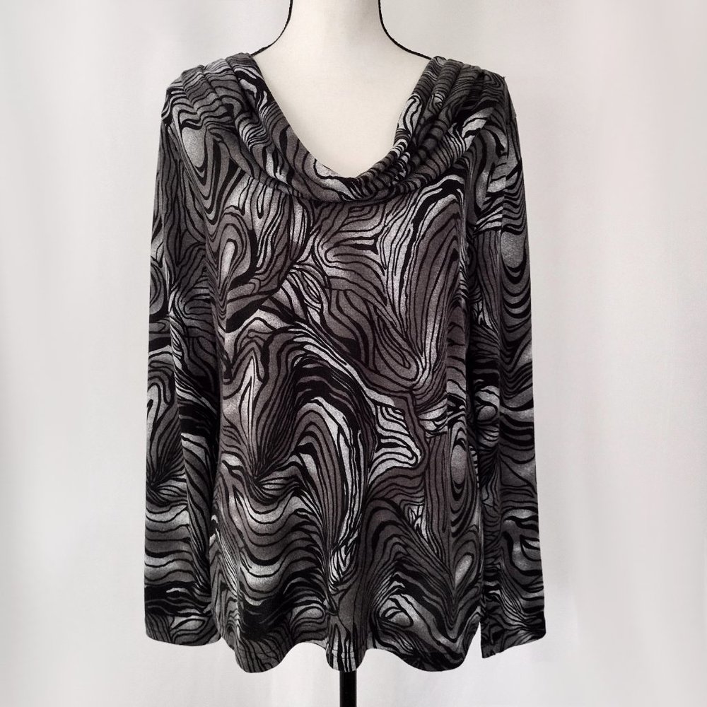 Vintage Suzie Monochrome Marble Print Cowl Neck Knit Pullover Blouse